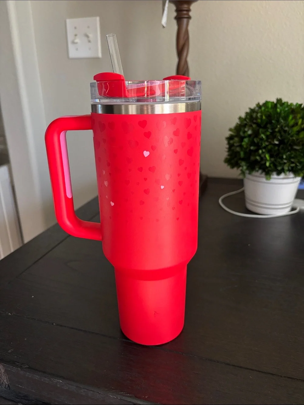 Stanley Red Travel Tumbler with Handle and Clear Lid - Picture 2 of 4